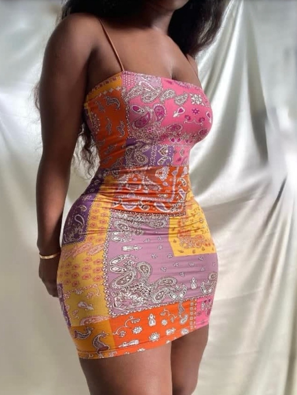 Bear Dance Patchwork Bandana Mini Dress in Pink, Orange & Yellow